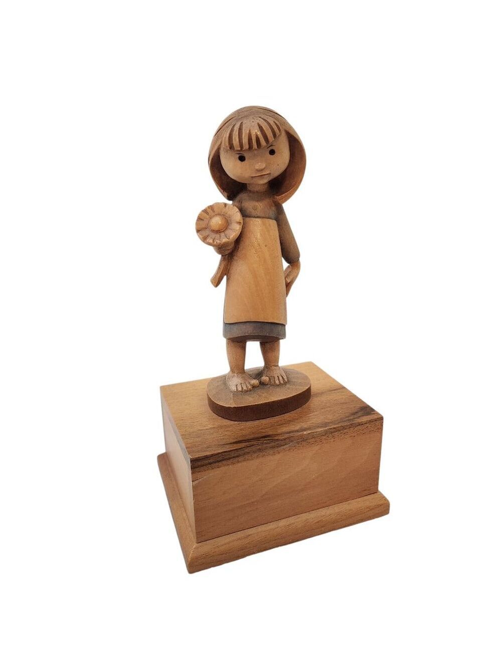 Vintage Reuge Wooden Music Box Girl Flower Figurine Swiss Made Need Music Repair